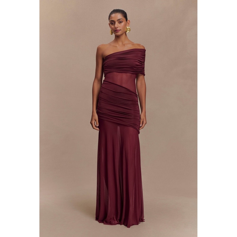 MESHKI Burgundy One Shoulder Ruched Mesh Maxi Dress Size S